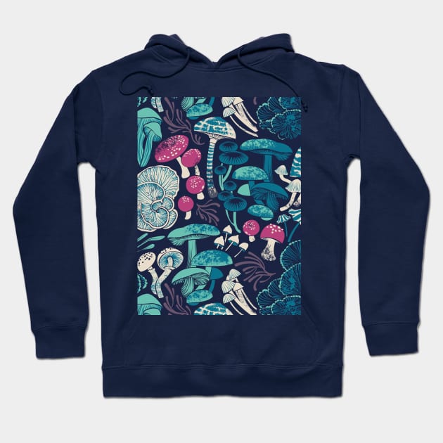 Mystical fungi // midnight blue background mint teal and dark pink wild mushrooms Hoodie by SelmaCardoso